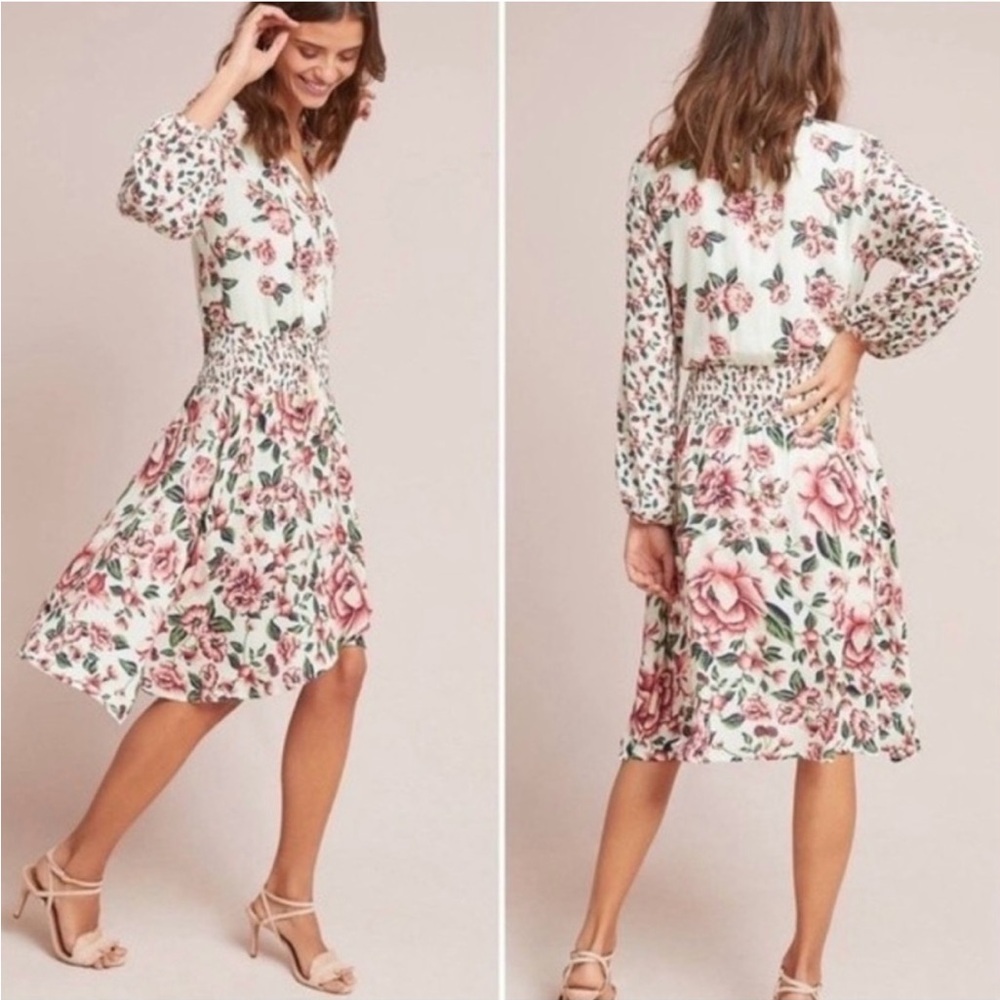 Farm Rio Anthropologie Anabela Smocked Floral Dress Sz M